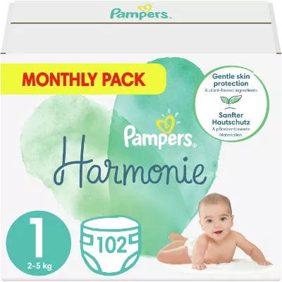 PAMPERS HARMONIE Detské plienky S1, 2-5 kg 102 ks (Monthly Box)