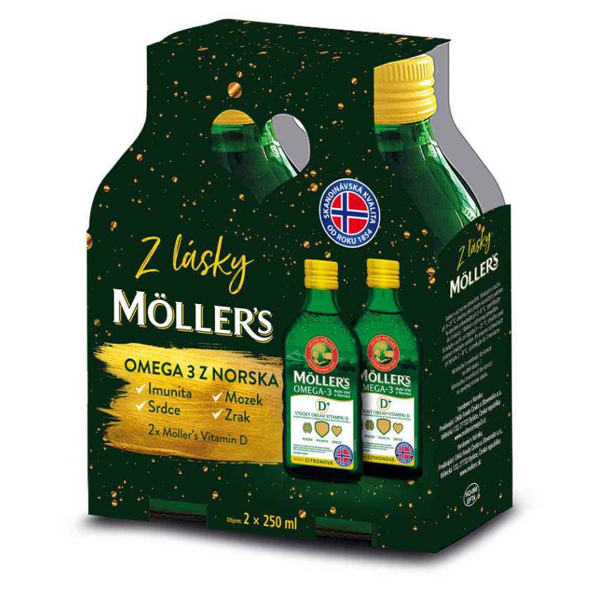 MOLLER´S Omega 3 rybí olej + vitamín D, citrónová príchuť 2x250 ml